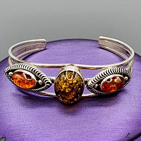 Vintage Navajo Signed Baltic Amber Three Stone Handmade Sterling Silver Bracelet - Picture 2 of 11